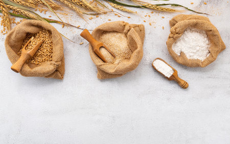 Wheat ears and wheat grains set up on white stone background.の写真素材