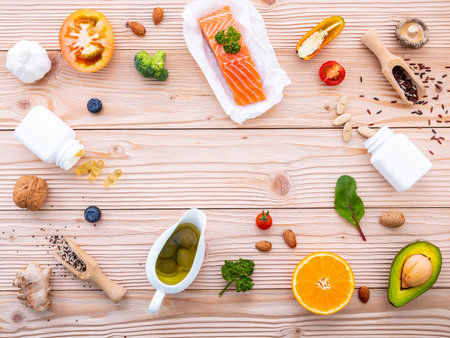 Ketogenic low carbs diet concept. Ingredients for the healthy foods selection on white background. Balanced healthy foods ingredients of unsaturated fats and fiber for the heart and blood vessels.の写真素材