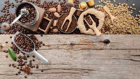 Background of various coffee , dark roasted coffee beans , ground and capsules with scoops setup on wooden background with copy space.の写真素材