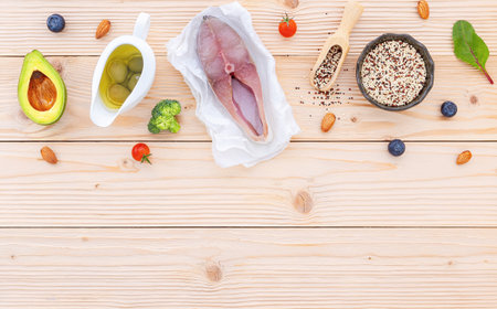 Ketogenic low carbs diet concept. Ingredients for the healthy foods selection on white background. Balanced healthy foods ingredients of unsaturated fats and fiber for the heart and blood vessels.の写真素材