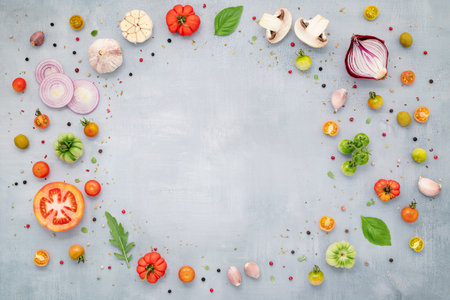 The ingredients for homemade pizza set up on grey concrete background with copy space. top viewの写真素材