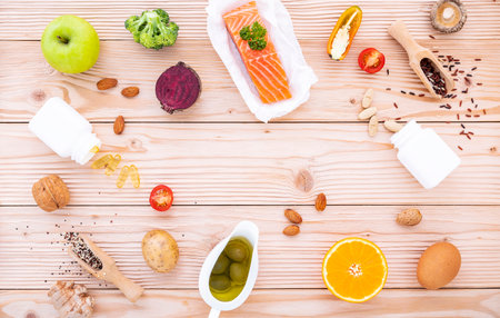 Ketogenic low carbs diet concept. Ingredients for the healthy foods selection on white background. Balanced healthy foods ingredients of unsaturated fats and fiber for the heart and blood vessels.の写真素材