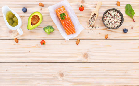 Ketogenic low carbs diet concept. Ingredients for the healthy foods selection on white background. Balanced healthy foods ingredients of unsaturated fats and fiber for the heart and blood vessels.の写真素材