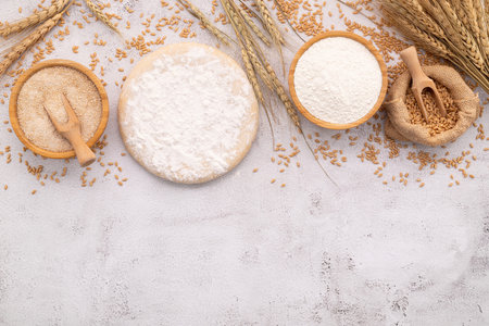 The ingredients for homemade pizza dough with wheat ears ,wheat flour and wheat grains set up on white concrete background.の写真素材