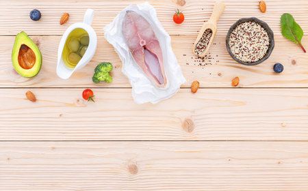 Ketogenic low carbs diet concept. Ingredients for the healthy foods selection on white background. Balanced healthy foods ingredients of unsaturated fats and fiber for the heart and blood vessels.の写真素材