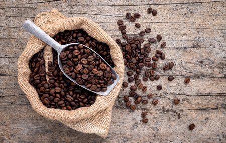 Background of dark roasted coffee beans with scoops setup on wooden background with copy space.の写真素材