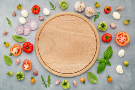 The ingredients for homemade pizza with wooden pizza tray set up on grey concrete background. top viewの写真素材