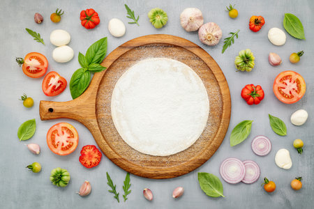 The ingredients for homemade pizza with wooden pizza tray set up on grey concrete background. top viewの写真素材