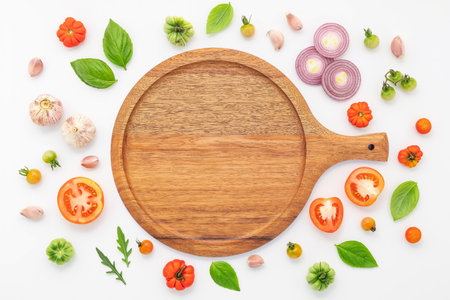 The ingredients for homemade pizza set up on white concrete background.の写真素材