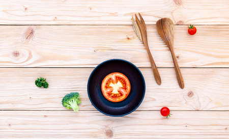 Food background and salad concept with raw ingredients  flat lay on white wooden background.の写真素材