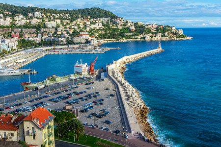 Panoramic view of coastline and beach with blue sky, luxury resort and bay with yachts, Nice port, Villefranche-sur-Mer, Nice, Cote d'Azur, French Riviera.の写真素材