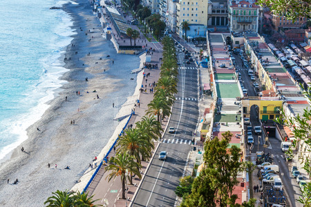Panoramic view of coastline and beach with blue sky, luxury resort and bay with yachts, Nice port, Villefranche-sur-Mer, Nice, Cote d'Azur, French Riviera.のeditorial素材