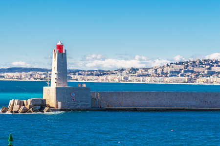 Panoramic view of coastline and beach with blue sky, luxury resort and bay with yachts, Nice port, Villefranche-sur-Mer, Nice, Cote d'Azur, French Riviera.の写真素材