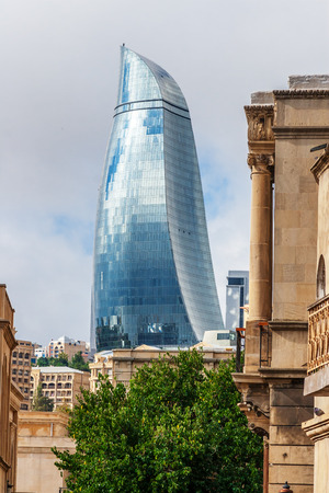 Baku, Azerbaijan - October 2, 2016: Flame towers in the cityscape. View from old town. Panoramic view of Baku - the capital of Azerbaijan located by the Caspian See shore.のeditorial素材