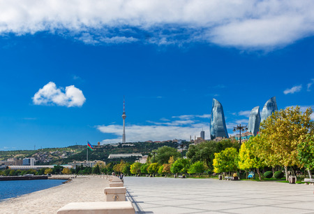 Baku, Azerbaijan - October 2, 2016: Flame towers in the cityscape. Panoramic view of Baku - the capital of Azerbaijan located by the Caspian See shore.のeditorial素材
