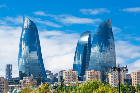 Baku, Azerbaijan - October 2, 2016: Flame towers in the cityscape. Panoramic view of Baku - the capital of Azerbaijan located by the Caspian See shore.のeditorial素材