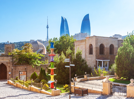 Baku, Azerbaijan - October 2, 2016: Flame towers in the cityscape. View from old town. Panoramic view of Baku - the capital of Azerbaijan located by the Caspian See shore.のeditorial素材