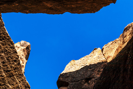 Rock formations, caves and ancient petroglyphs at Gobustan National Park, Azerbaijan.の写真素材