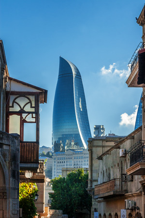 Baku, Azerbaijan - October 2, 2016: Flame towers in the cityscape. View from old town. Panoramic view of Baku - the capital of Azerbaijan located by the Caspian See shore.のeditorial素材