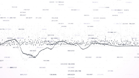 Abstract background with growing charts and flowing counters of numbers with symbols of percent and...