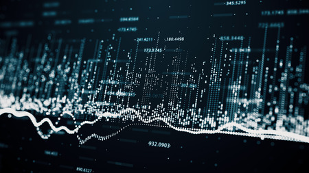 Abstract background with growing charts and flowing counters of numbers with symbols of percent and...