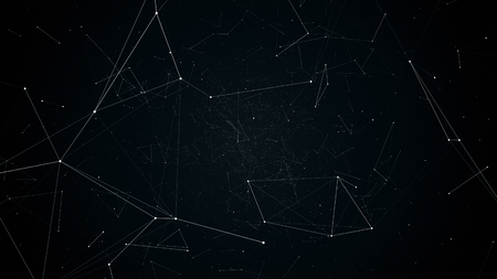 fly during network connections between nodes - dots, illustration flight in geometric abstraction with dots lines and trianglesの写真素材