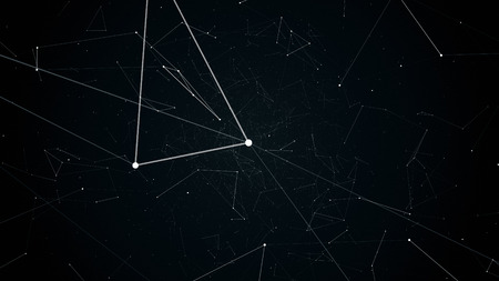 fly during network connections between nodes - dots, illustration flight in geometric abstraction with dots lines and trianglesの写真素材