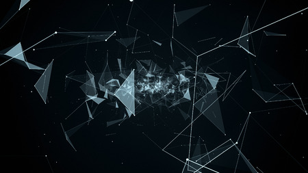 fly during network connections between nodes - dots, illustration flight in geometric abstraction with dots lines and trianglesの写真素材