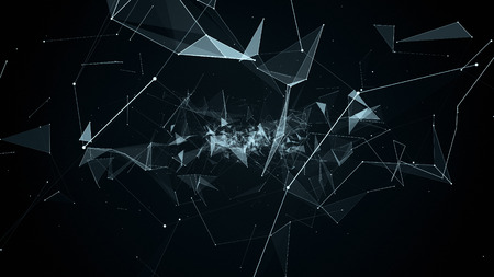 fly during network connections between nodes - dots, illustration flight in geometric abstraction with dots lines and trianglesの写真素材