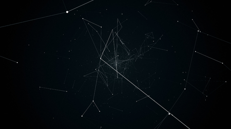 fly during network connections between nodes - dots, illustration flight in geometric abstraction with dots lines and trianglesの写真素材