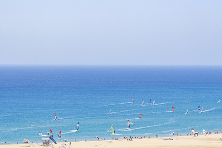 Scenic beach in Prasonisi on Rhodes island, Dodecanese, Greece. Panorama with nice sand beach and...