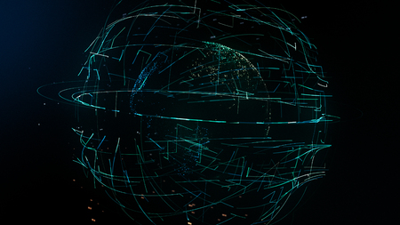 global network illustration, 3D illustration symbolizing global information technology with Earth, random numbers and other elements, symbols of digital wordの写真素材