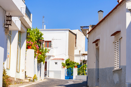 Greek streets with white houses on Rhodes island, Greeceの写真素材