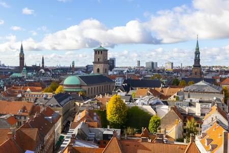 Beautiful view of the Copenhagen from top on round tower in warm sunny clear autumn weather, scenic Copenhagen cityscape in the fall, Denmarkのeditorial素材