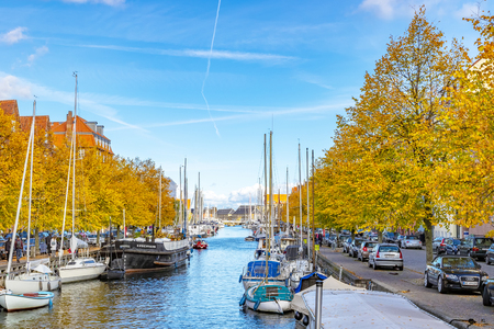 Scenic view of the canal in Copenhagen on a beautiful autumn sunny clear day, Denmarkのeditorial素材