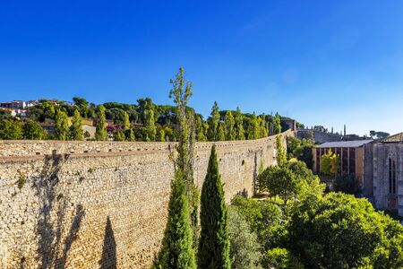 Girona City Walls, venerable 9th-century city walls with walkways, towers and scenic vantage points of the area, one of the best things to do in Girona, city views of Girona, Catalonia, Spainの写真素材