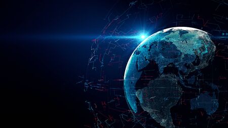 Lines connection around Earth globe, futuristic technology abstract illustration of digital world with light effect, 3D illustrationの写真素材