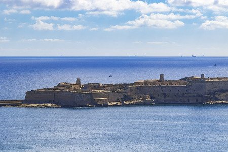 Ancient fortifications of Valletta, medieval castle city stone walls fortification, grand harbour In Valletta, Maltaのeditorial素材