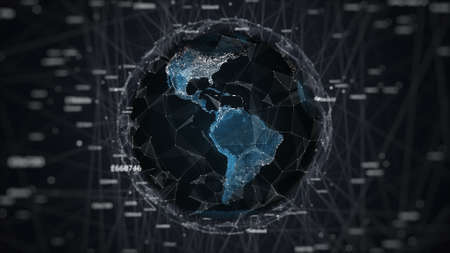 3D illustration of earth globe in geometric chaos with digital noise witch connected random numbers, tech background illustrationの写真素材