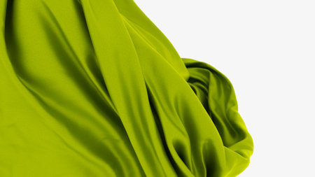 3D illustration of abstract tenderness soft green silk fabric, luxury floating satin, dynamic textured surfaceの写真素材
