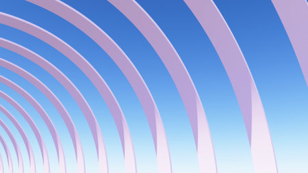 3D illustration of pink round arches in day light with sun shadows on blue sky, architectural wallpaperの写真素材