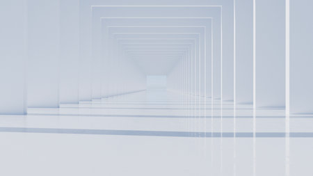 3D illustration square archway in day light with sun shadow with refraction and reflection effects,...