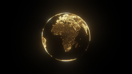 3D illustration of glowing golden globe of the Earth planet from particulars on dark background,...