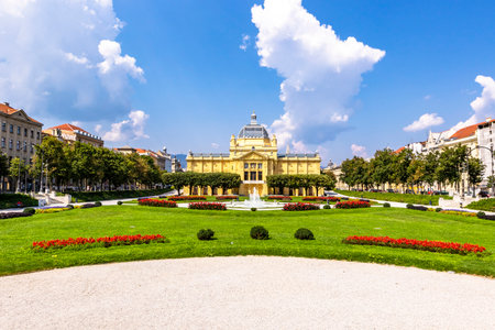 Art Pavilion in Zagreb imposing, 19th-century museum hosting major art exhibitions, drawing on all movements and periods. Sunny day in Zagreb Croatiaの写真素材