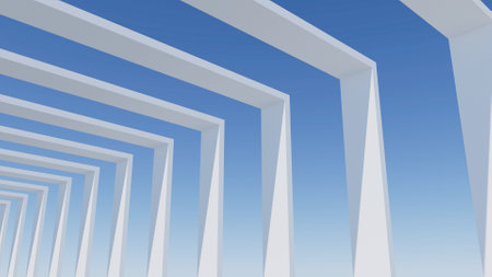 3D illustration of white square arch passway on blue sky, 3D wallpaperの写真素材