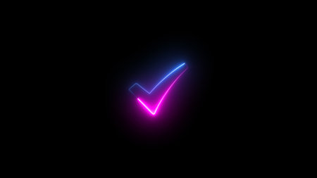 neon illustration of checkmark sign clip art, blue and pink glowing linesの写真素材
