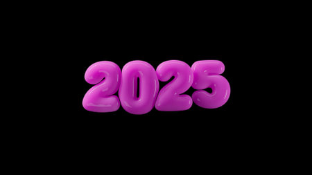 3D render of 2025 New Year numbers in the form pink inflated balloons hanging in the air on light blue background, 4K holiday greeting illustrationの写真素材