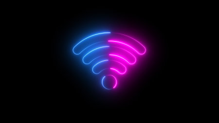 neon illustration of wifi sign on black background, blue and pink glowing linesの写真素材
