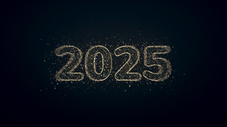illustration of 2025 New Year numbers in the form golden particulars on dark background, holiday cardの写真素材