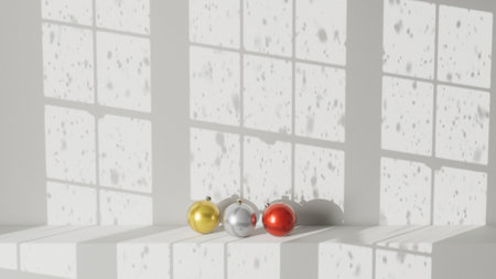 3D render of winter time illustration with falling snow behind window and shadow on the wall of them, christmas decoration balls on shelf, backgroundの写真素材